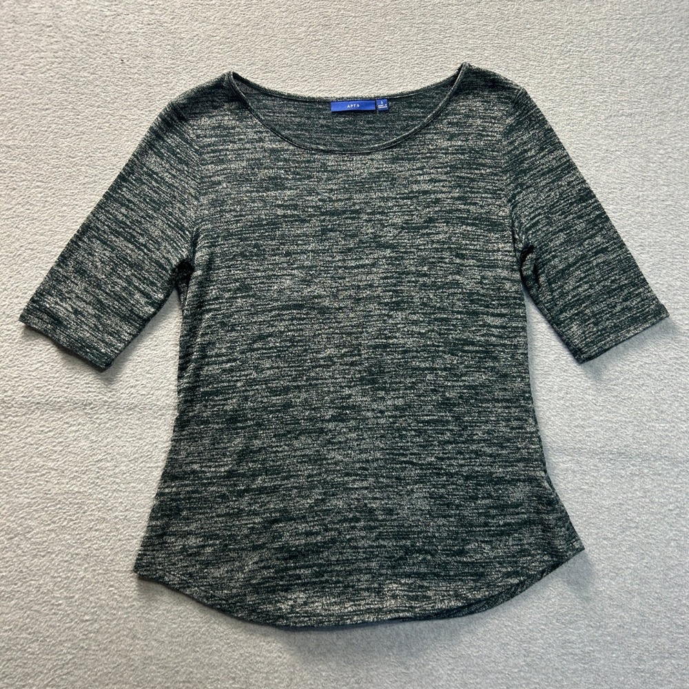 Apt 9 Marled Knit Top Womens S Black Gray Space Dye 3/4 Sleeve Casual Stretch